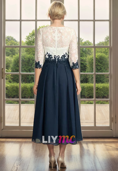 Scoop Long Sleeves Appliques Chiffon Pleated A-Line Mother of Bride Dress Cocktail Dress