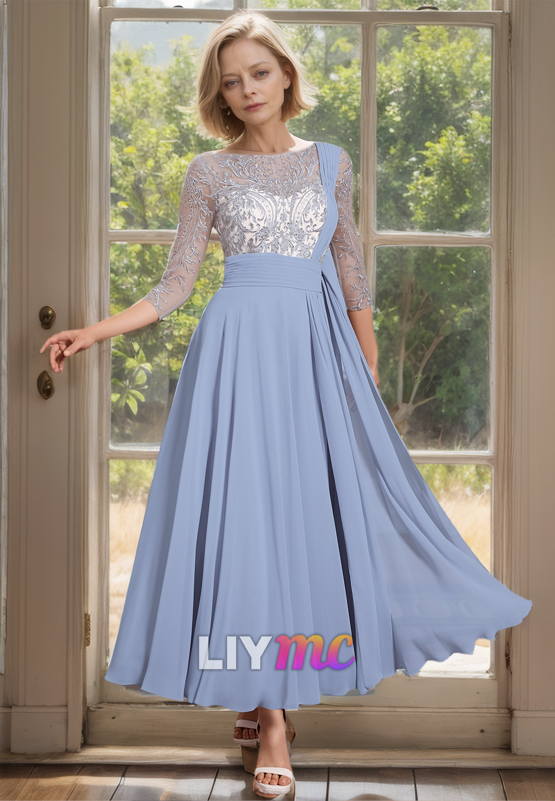 Scoop Long Sleeves Appliques Chiffon Pleated A-Line Mother of Bride Dress