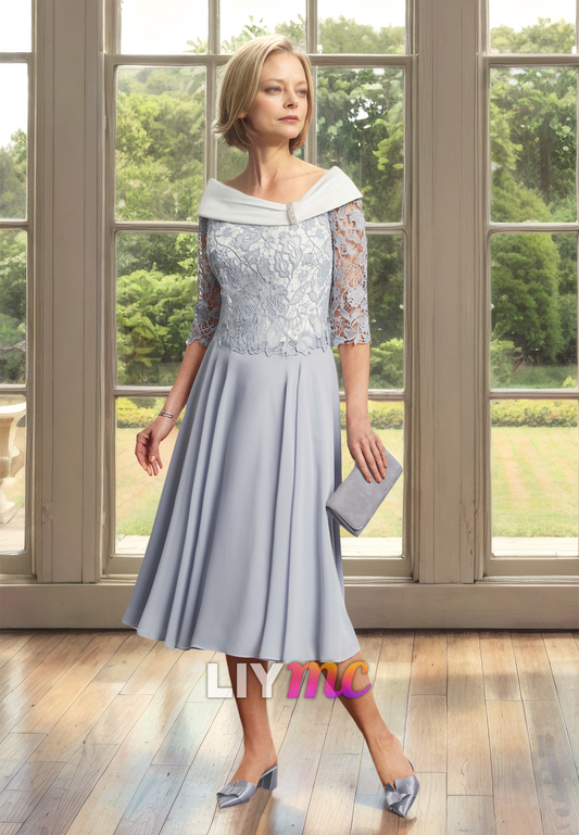 Scoop Long Sleeves Appliques Chiffon Pleated A-Line Mother of Bride Dress