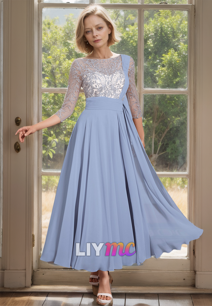 M1159 - Bateau Half Sleeves Appliques Pleated A-Line Mother of Bride Wedding Guest Dress