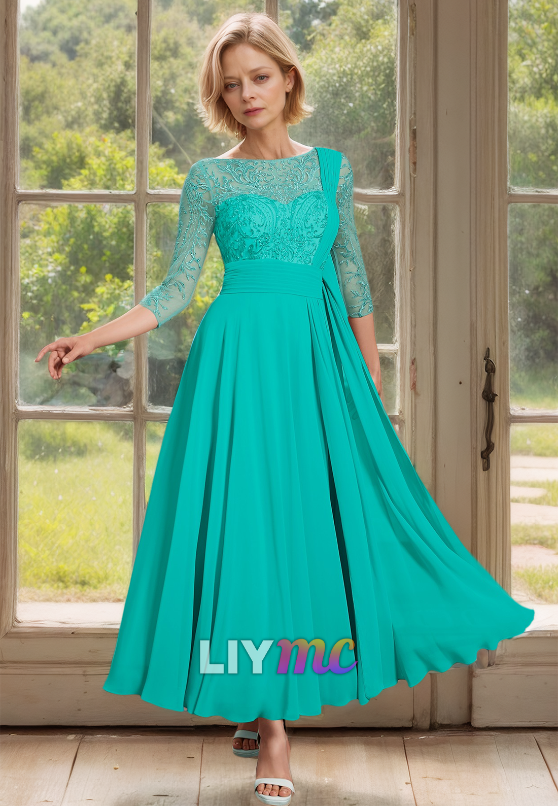 Scoop Long Sleeves Appliques Chiffon Pleated A-Line Mother of Bride Dress