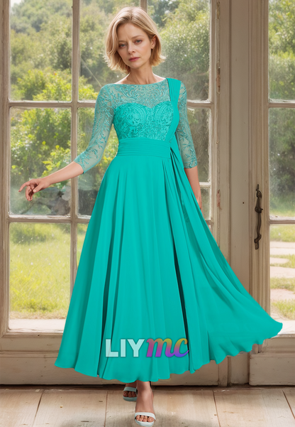 Scoop Long Sleeves Appliques Chiffon Pleated A-Line Mother of Bride Dress