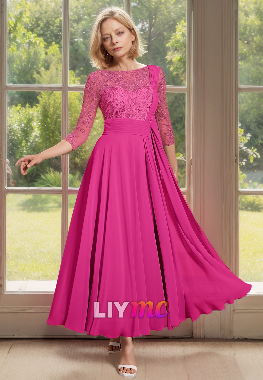 M1159 - Bateau Half Sleeves Appliques Pleated A-Line Mother of Bride Wedding Guest Dress