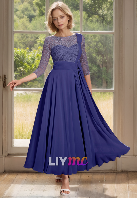 M1159 - Bateau Half Sleeves Appliques Pleated A-Line Mother of Bride Wedding Guest Dress