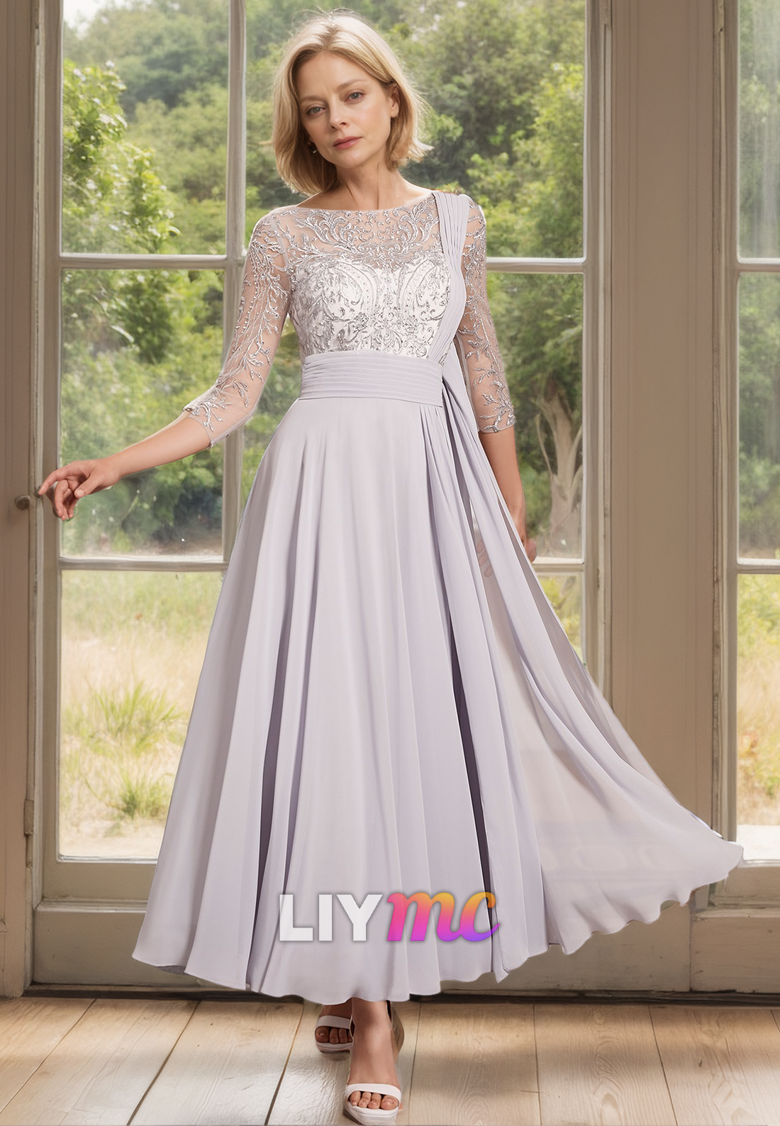 M1159 - Bateau Half Sleeves Appliques Pleated A-Line Mother of Bride Wedding Guest Dress