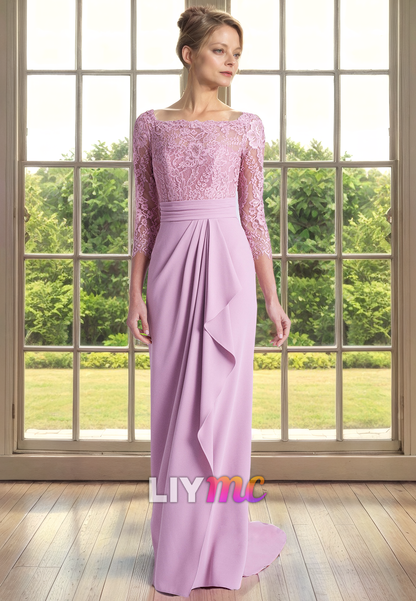 Scoop Long Sleeves Appliques Chiffon Ruffled Mother of Bride Dress