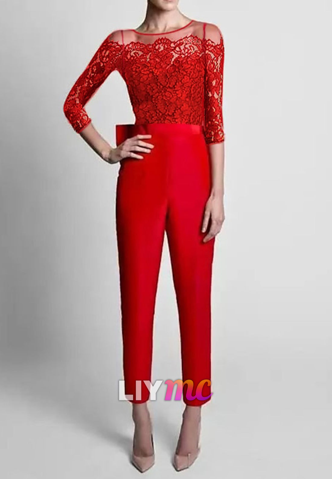 Scoop Long Sleeves Appliques Mother of Bride Jumpsuit