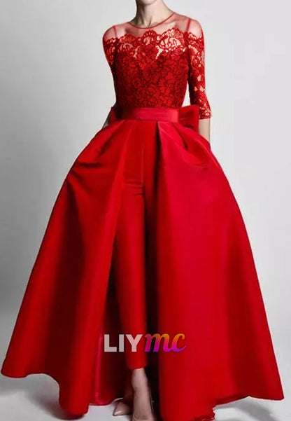 Scoop Long Sleeves Appliques Mother of Bride Jumpsuit