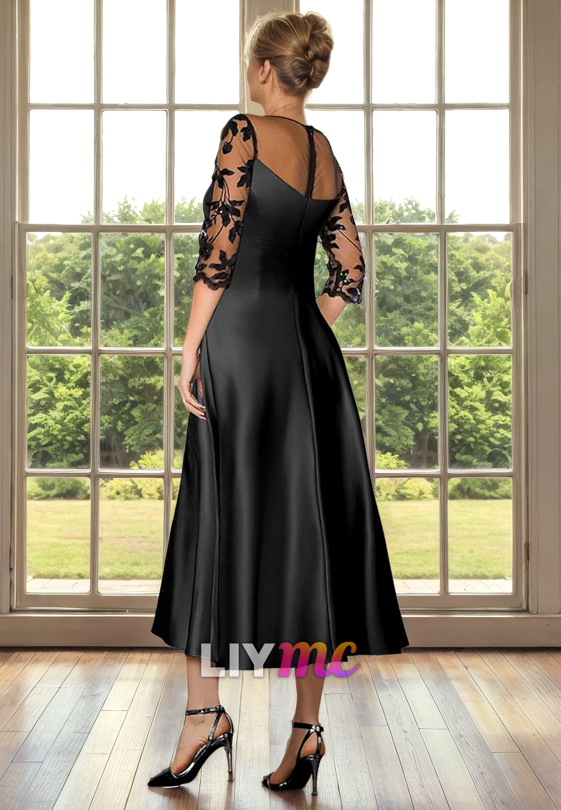 Scoop Long Sleeves Appliques Pleated A-Line Mother of Bride Dress Cocktail Dress