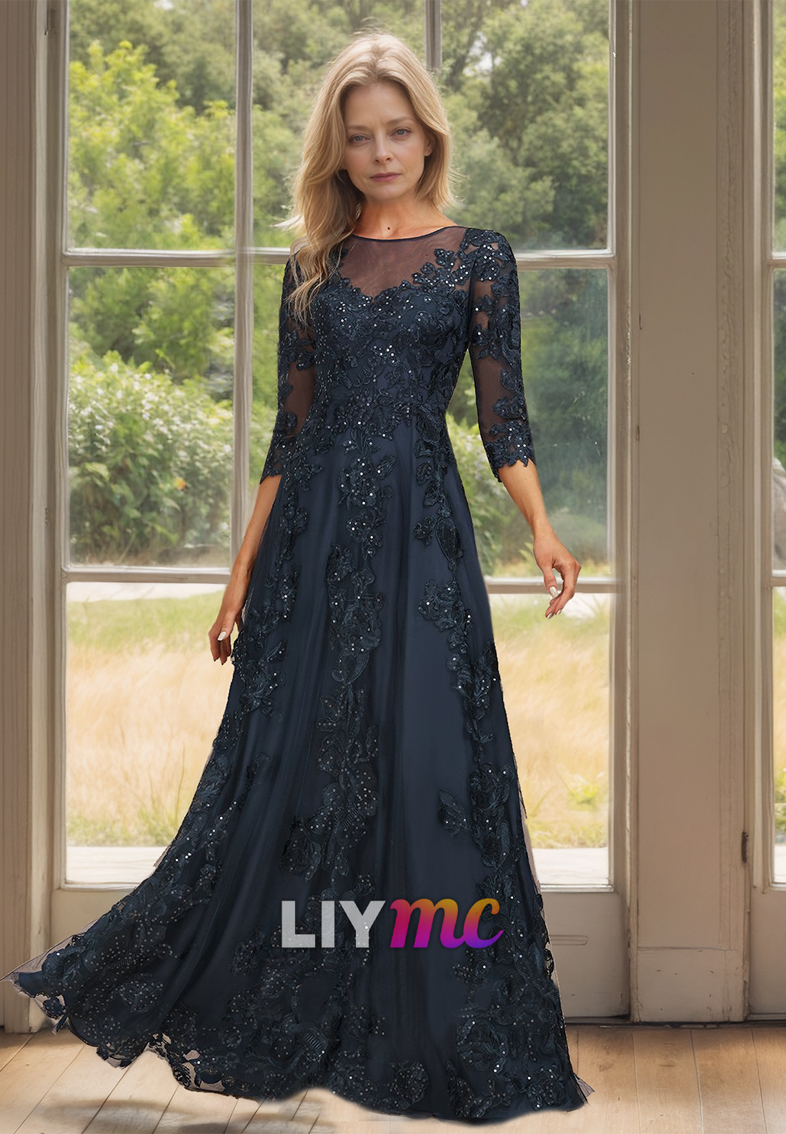 Scoop Long Sleeves Appliques Pleated A-Line Mother of Bride Dress