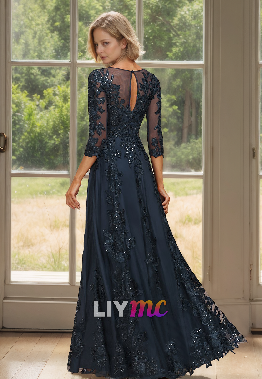 Scoop Long Sleeves Appliques Pleated A-Line Mother of Bride Dress