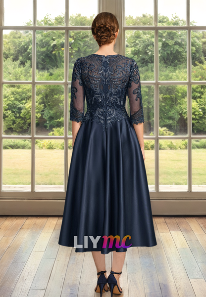 Scoop Long Sleeves Appliques Pleated Satin A-Line Mother of Bride Dress