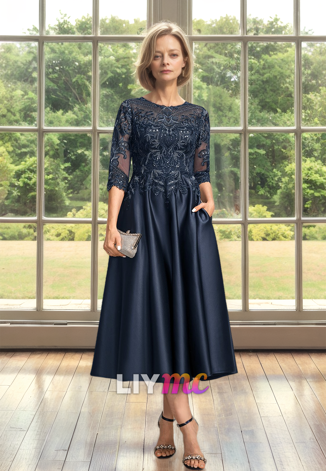 Scoop Long Sleeves Appliques Pleated Satin A-Line Mother of Bride Dress