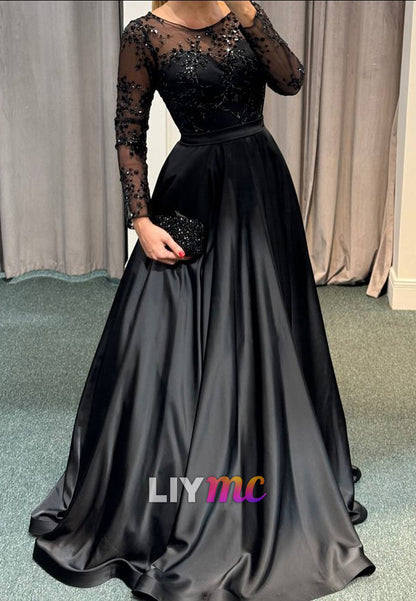 Scoop Long Sleeves Appliques Satin A-Line Mother of Bride Dress