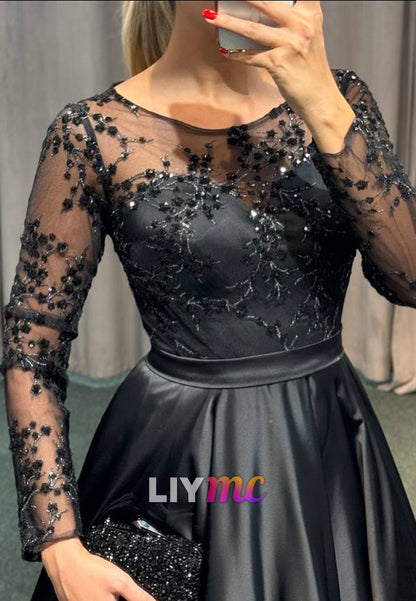 Scoop Long Sleeves Appliques Satin A-Line Mother of Bride Dress