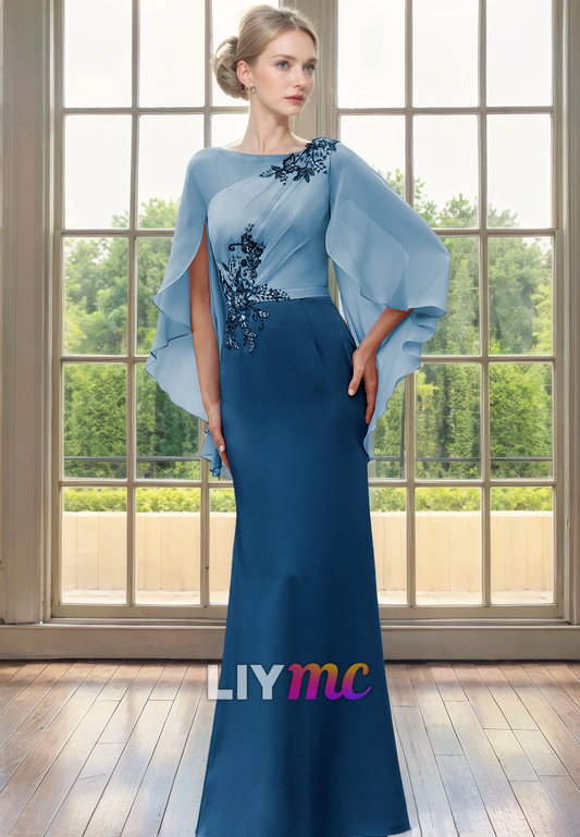 M1079 - Column Mother of the Bride Dress Elegant Jewel Neck Floor Length Chiffon Short Sleeve with Embroidery Appliques