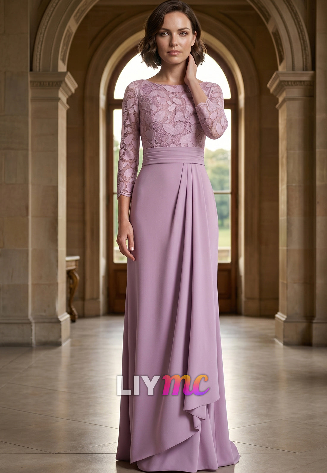 Scoop Long Sleeves Appliques Sheath Mother of Bride Dress