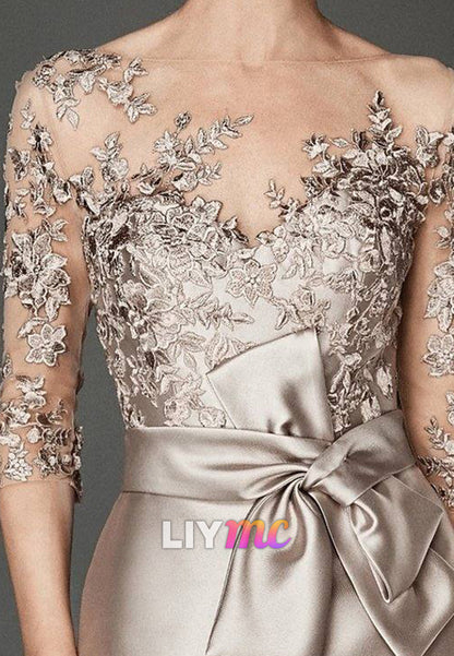 Scoop Long Sleeves Appliques Sheath Satin Mother of Bride Dress