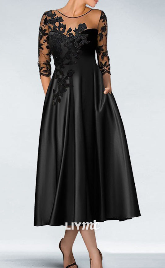 M1279 - Scoop Long Sleeves Appliques Sheer Pleated A-Line Mother of Bride Dress Cocktail Dress