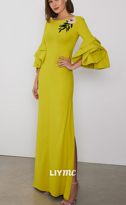 M1230 - Scoop Long Sleeves Appliques Side Slit Long Mother of Bride Dress Cocktail Dress