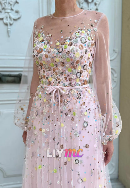 Scoop Long Sleeves Appliques Tulle A-Line Evening Dress