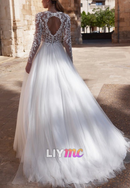 Scoop Long Sleeves Appliques Tulle Ball Gown Wedding Dress