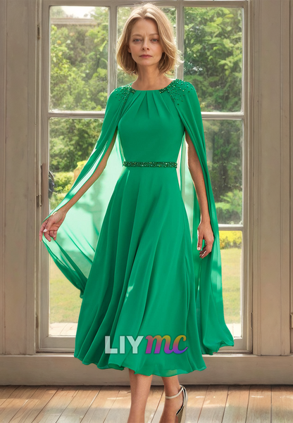 Scoop Long Sleeves Beaded Chiffon A-Line Mother of Bride Dress