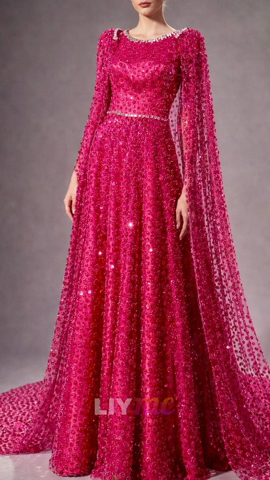 Scoop Long Sleeves Beaded Embroidery A-Line Prom Dress