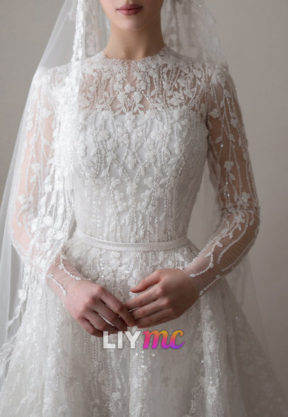 Scoop Long Sleeves Beaded Embroidery A-Line Wedding Dress