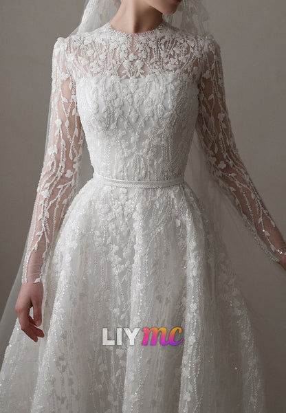 Scoop Long Sleeves Beaded Embroidery A-Line Wedding Dress