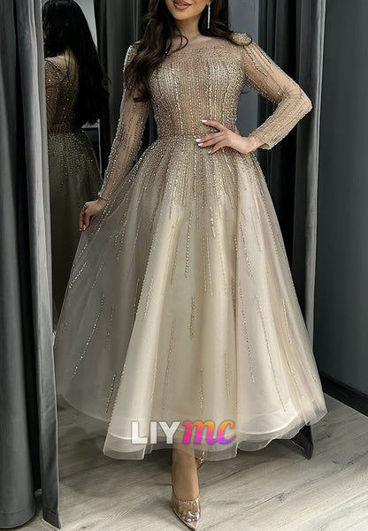 Scoop Long Sleeves Beaded Embroidery Sparkly A-Line Evening Dress