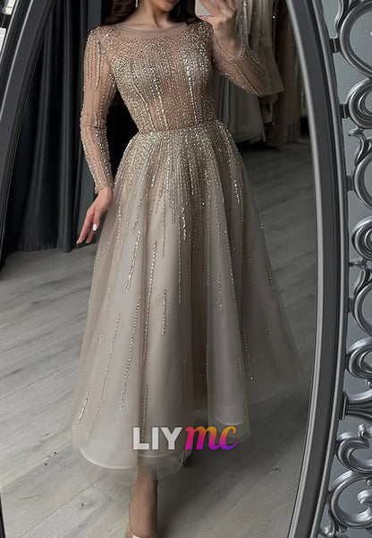 Scoop Long Sleeves Beaded Embroidery Sparkly A-Line Evening Dress