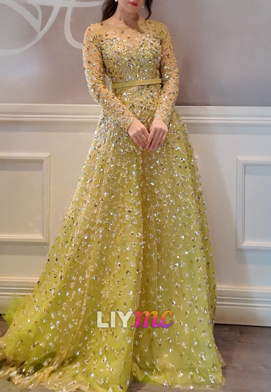 Scoop Long Sleeves Beaded Embroidery Sparkly A-Line Mother of Bride Dress