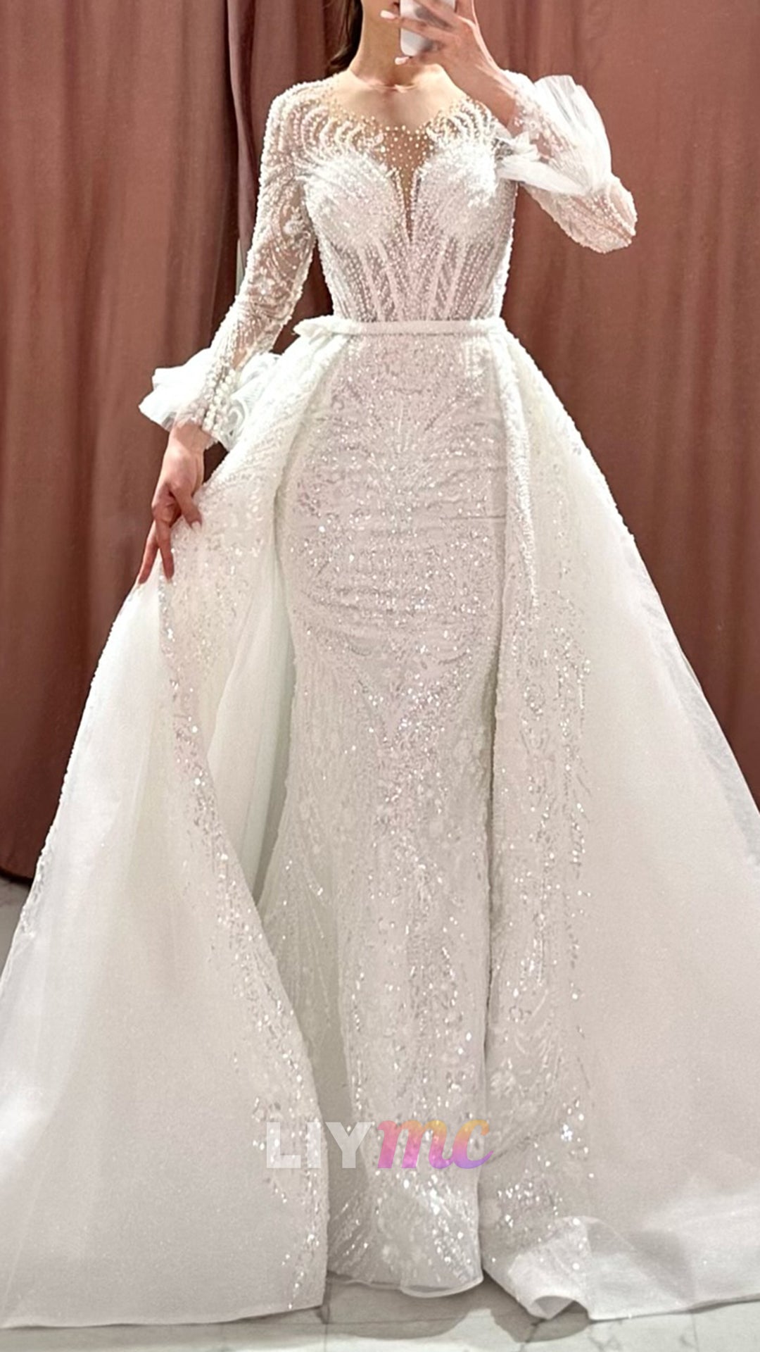 Scoop Long Sleeves Beaded Embroidery Sparkly Mermaid Wedding Dress