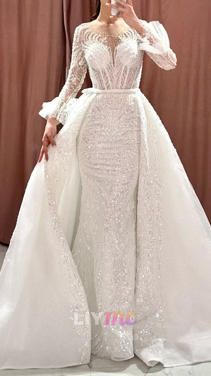 Scoop Long Sleeves Beaded Embroidery Sparkly Mermaid Wedding Dress