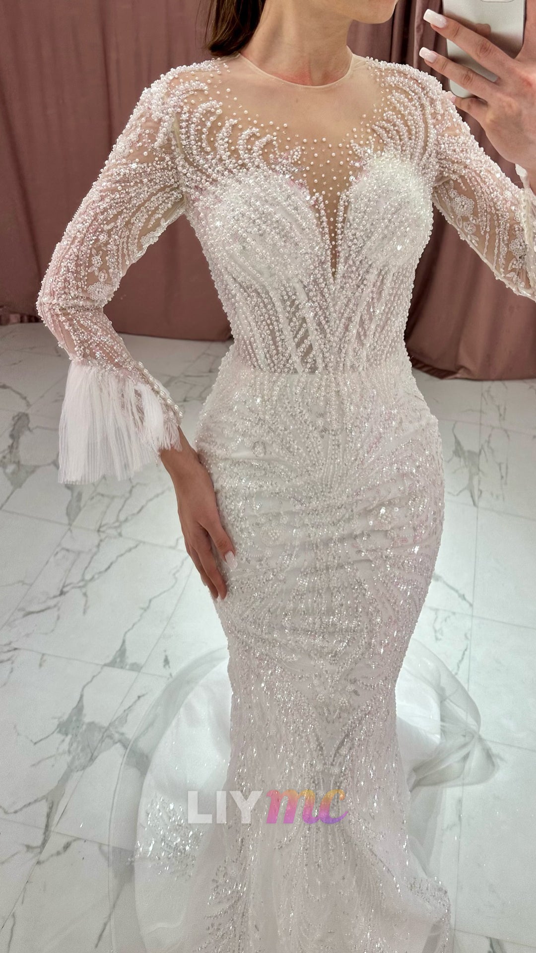 Scoop Long Sleeves Beaded Embroidery Sparkly Mermaid Wedding Dress