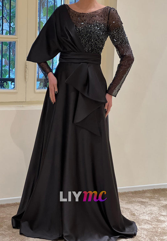 Scoop Long Sleeves Beaded Mother of Bride A-Line Evening Dress
