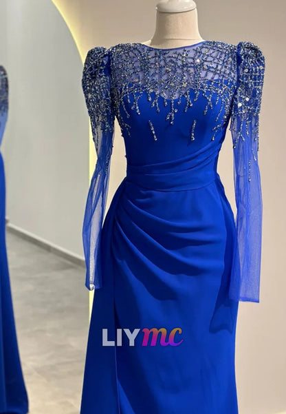 Scoop Long Sleeves Beaded Pleated Sheath Formal Dress