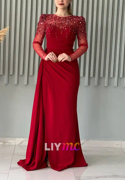 Scoop Long Sleeves Beaded Pleated Sheath Formal Dress