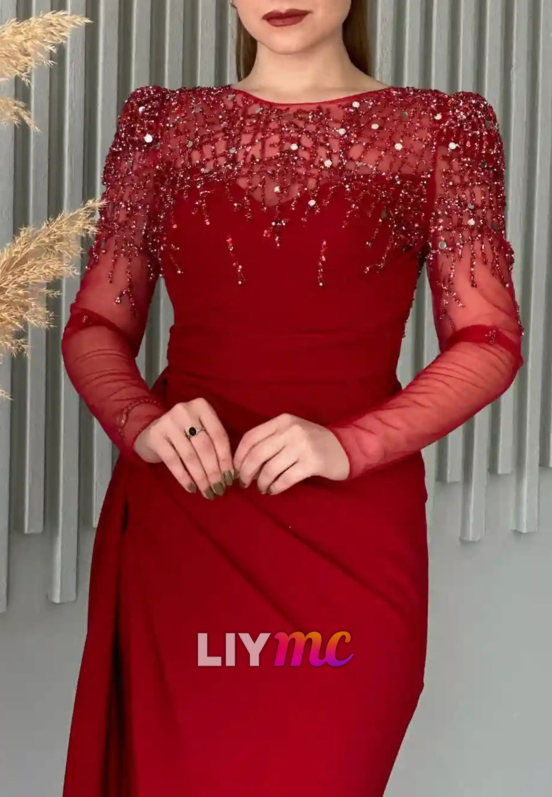 Scoop Long Sleeves Beaded Pleated Sheath Formal Dress