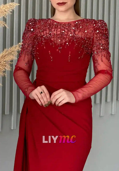 Scoop Long Sleeves Beaded Pleated Sheath Formal Dress