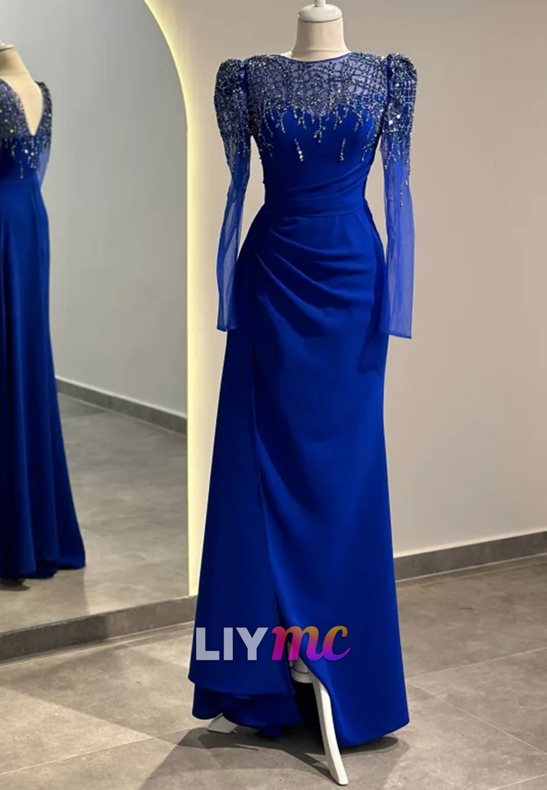 Scoop Long Sleeves Beaded Pleated Sheath Formal Dress