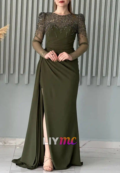 Scoop Long Sleeves Beaded Pleated Sheath Formal Dress