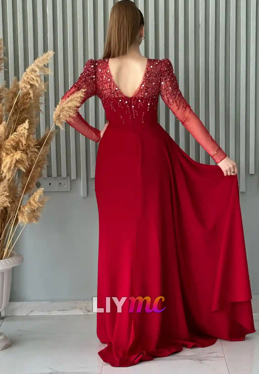 Scoop Long Sleeves Beaded Pleated Sheath Formal Dress