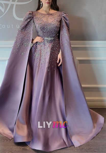 Scoop Long Sleeves Beaded Satin A-Line Mother of Bride Dress