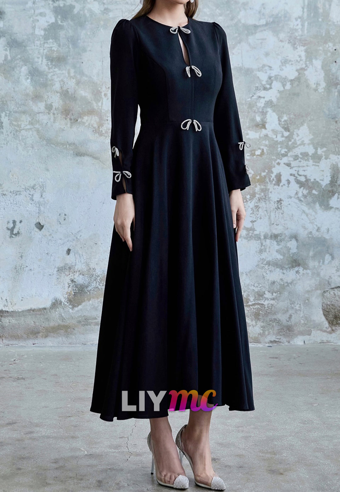 Scoop Long Sleeves Bow A-Line Midi Mother of Bride Dress