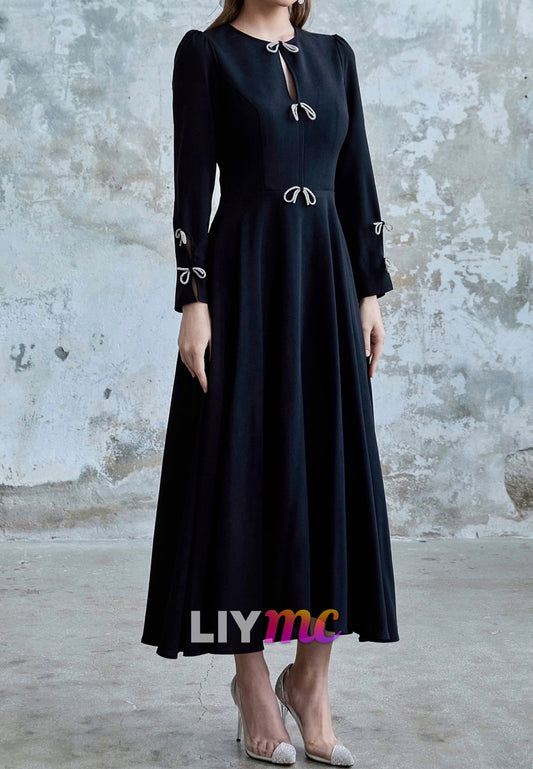 Scoop Long Sleeves Bow A-Line Midi Mother of Bride Dress