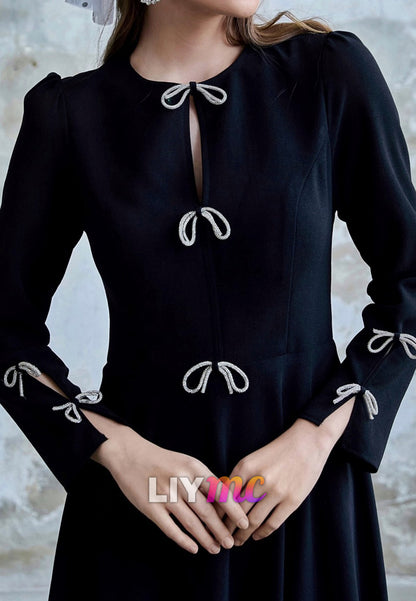 Scoop Long Sleeves Bow A-Line Midi Mother of Bride Dress