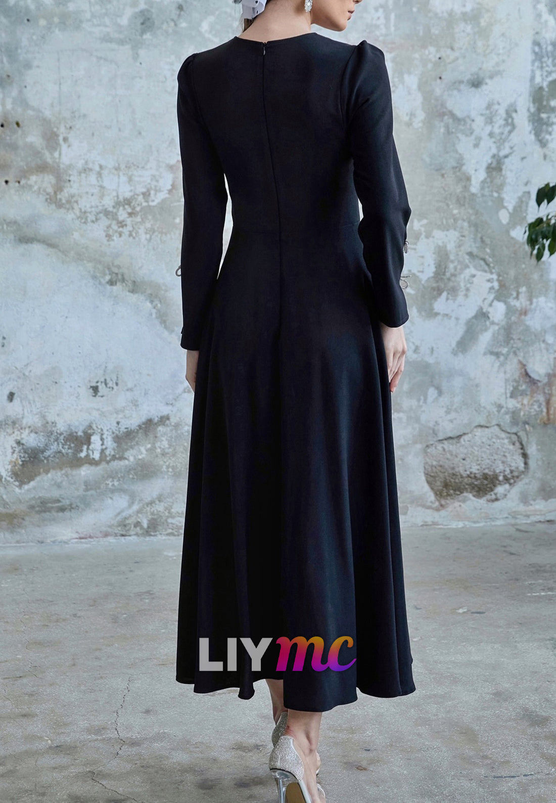 Scoop Long Sleeves Bow A-Line Midi Mother of Bride Dress