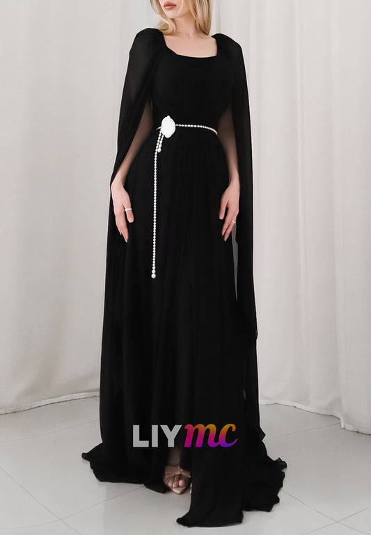 Scoop Long Sleeves Chiffon A-Line Black Mother of Bride Dress